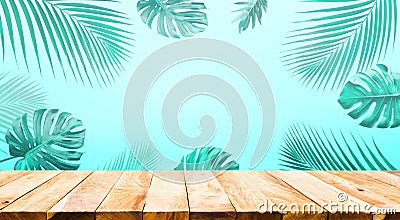 Summer and nature product display with wood table counter on palm leaf in vibrant color background Stock Photo
