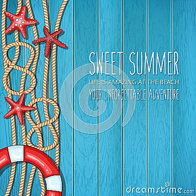 Summer nautical wooden background with lifebuoy, starfishes and ropes Vector Illustration