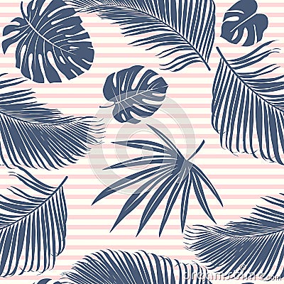 Summer Navy pink tropical forest leaves bright mood on sky blue stripe seamless pattern for fashoin fabric, wallpaper and card. Vector Illustration