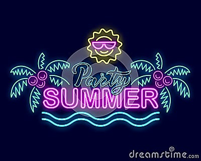 Summer neon sign with illumination. Summer poster, palm trees, sun. Vector Illustration