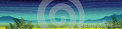 Summer night landscape - mountains, fern, grass. Vector Illustration