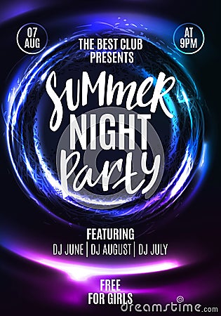 Summer Night Party Flyer. Template Poster Design in Neon Colors. Modern Shiny Background Vector Illustration