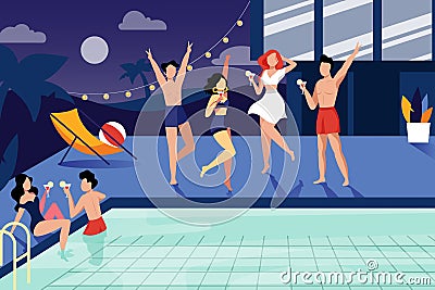 Summer night pool party. Happy young people have a rest by the swimming pool. Vector flat illustration Vector Illustration
