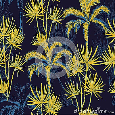 Summer night tropical hand drawn doodle line sketch plam and coconut trees ,island design fot fashion,fabric, and all prints Vector Illustration