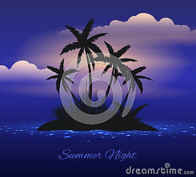 Summer night tropical island with palm Vector Illustration