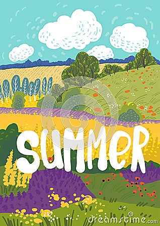 Summer nuture landscape. Colorful floral greeting card Stock Photo