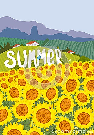 Summer nuture landscape. Sunflowers yellow floral greeting card. Cottagecore Stock Photo