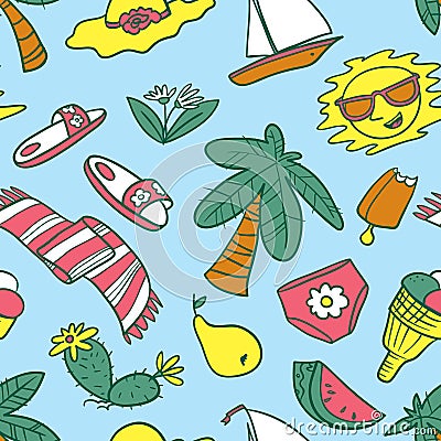 Summer objects seamless pattern. Beach background with palms and fruits. Vector illustration Vector Illustration