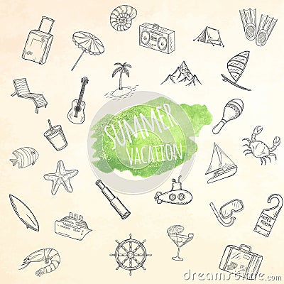 Summer objects set. Vacation background. Vector Illustration