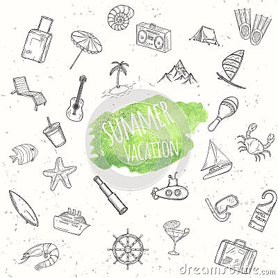 Summer objects set. Vacation background. Vector Illustration