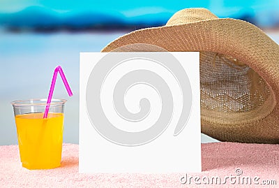 Summer offer background template for promotion and sales. Yellow cocktail and brimmed hat on towel with beautiful paradise view. Stock Photo