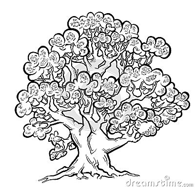 Summer old tree. Freehand drawing. Vector Illustration