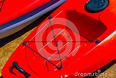 Summer in Omaha, Kayaks by the waters edge at Ed Zorinsky lake park, Omaha, Nebraska, USA Stock Photo