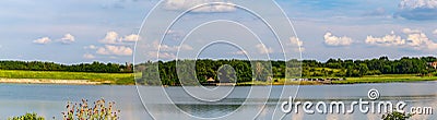 Summer in Omaha, panorama of the levy, pier and boat ramp on the Eastern shore of the lake at Ed Zorinsky Lake Park Omaha NE Stock Photo