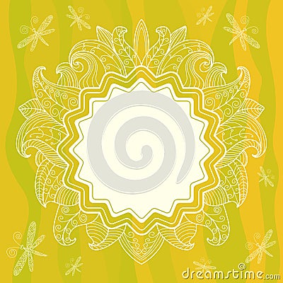 Summer openwork frame with flowers, leaves and dra Vector Illustration