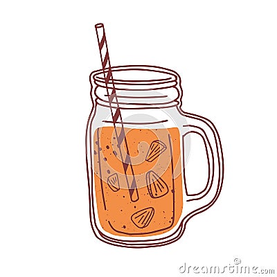 Summer orange cocktail in glass jar with handle and straw. Natural juicy smoothie. Detox refreshing drink. Tropical Vector Illustration