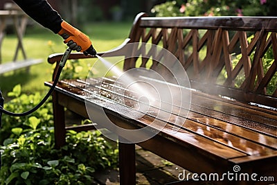 Summer outdoor cleaning person uses pressure washer on wooden garden bench Stock Photo