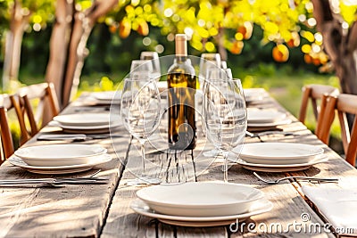 Summer outdoor party with wooden table with holiday table setting and bottle of wine Stock Photo