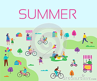 Summer outdoor scene with active family vacation, park activities illustration with kids, couples and families. Vector Illustration