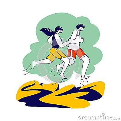 Summer Outdoor Sport Activity, Couple Running on Beach. Jogging and Sport Healthy Lifestyle Workout on Seaside Beach Vector Illustration