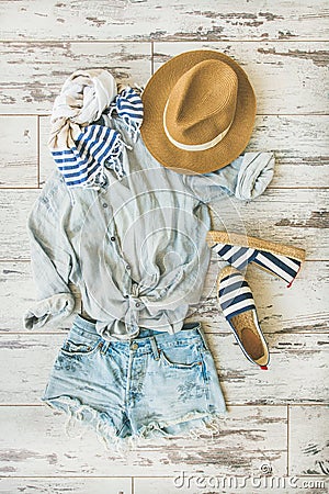 Summer outfit flatlay, parquet background, top view Stock Photo