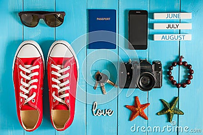 Summer outfit of traveler, student, teenager, girl, young woman or guy. Overhead Of essentials for modern Young person Stock Photo