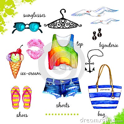 Summer outfit watercolor set Cartoon Illustration