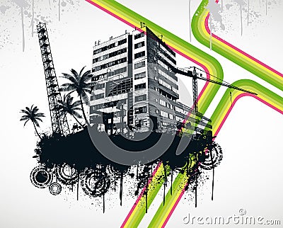 Summer Palm City Rainbow Vector Illustration
