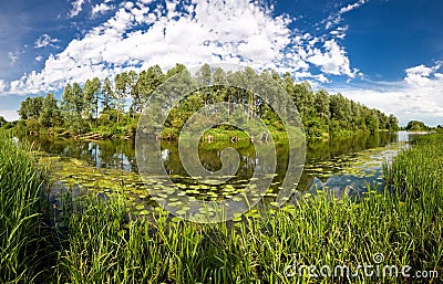 Summer panorama September landscape on the river near the forest, beautiful nature of Russia high resolution photo Stock Photo