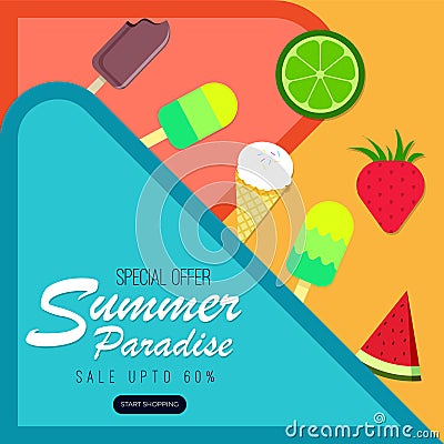Summer paradise abstract background with fruits and ice-creams. Vector Illustration