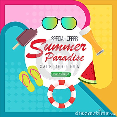 Summer Paradise colorful background with fruit, ice cream, sun-glass, elements. Vector Illustration