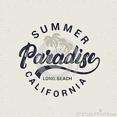 Summer paradise hand written lettering with palms illustration. Vector Illustration