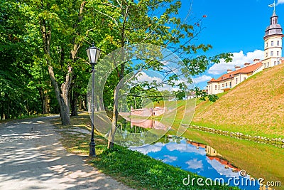 Summer park around the castle Nesvizh Editorial Stock Photo
