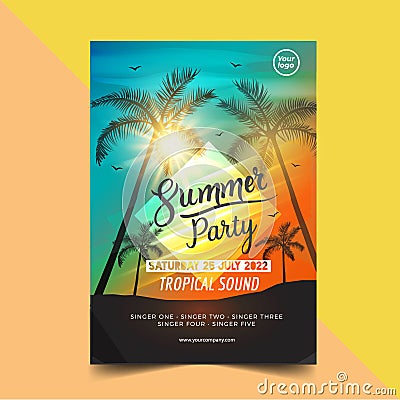 Summer time party poster design template with palms trees silhouettes. Modern style. Vector illustration - Vector Cartoon Illustration