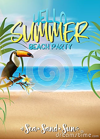 Summer party banner template with exotic flowers and tukan bird. Vertical orientation Vector Illustration