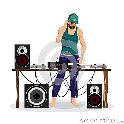 Summer party: DJ and his equipment, dance music. Set of loudspeakers, subwoofer, turntables, a mixer for a disco on the beach. Vector Illustration