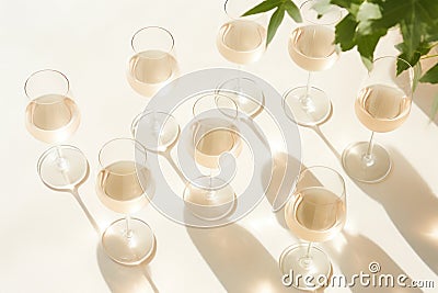 Summer Party Drinks: Wine Glasses with Sparkling Wine and Sunshine Shadow on Light Table AI Generated Cartoon Illustration