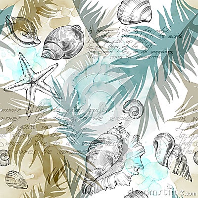 Summer Party holiday background, watercolor illustration. Seamless pattern with sea shells, molluscs and palm leaves Cartoon Illustration