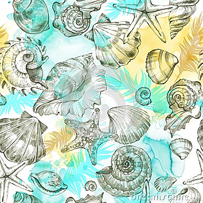 Summer Party holiday background, watercolor illustration. Seamless pattern with sea shells, molluscs and palm leaves Cartoon Illustration