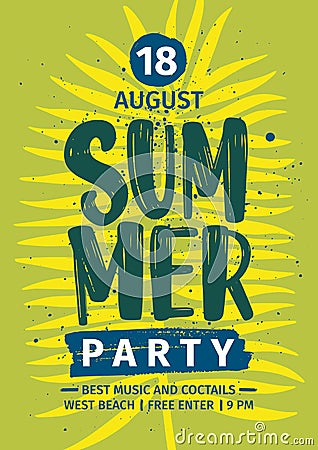 Summer party invitation, announcement or flyer template with inscription written against tropical palm tree leaf on Vector Illustration