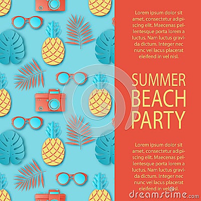 Summer party invitation. Tropical palm leaves, cute pineapple Vector Illustration