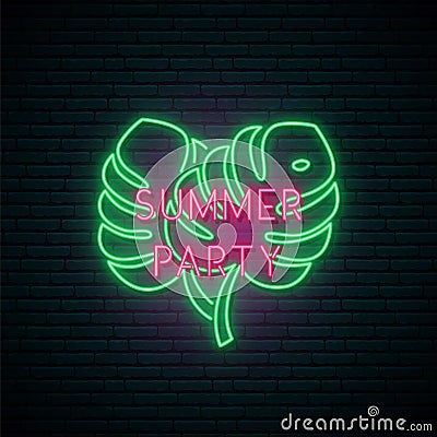 Summer party neon signboard. Vector Illustration