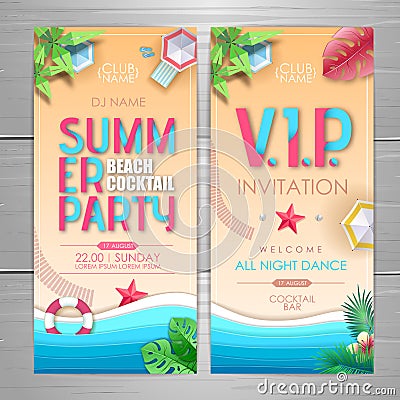 Summer party poster design. Disco party invitation design. Top view of tropic summer beach with ocean background Vector Illustration