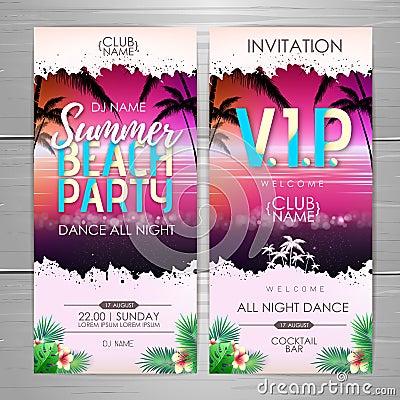 Summer party poster design. Disco party invitation design. Top view of tropic summer beach with ocean background Vector Illustration