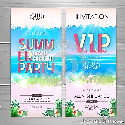 Summer party poster design. Disco party invitation design. Top view of tropic summer beach with ocean background Vector Illustration