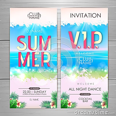 Summer party poster design. Disco party invitation design. Top view of tropic summer beach with ocean background Vector Illustration