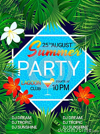 Summer party poster Tropical background with text. Pool party design. Tropic flowers, exotic leaves, swimming pool Vector Illustration