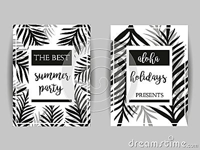 Summer party posters with palm leaf and lettering Vector Illustration