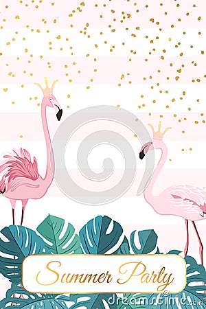 Summer party template flamingo birds couple crown Vector Illustration