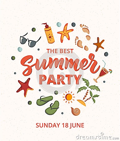 Summer Party text with beach elements. Sunscreen, sunglasses, cockail Vector Illustration